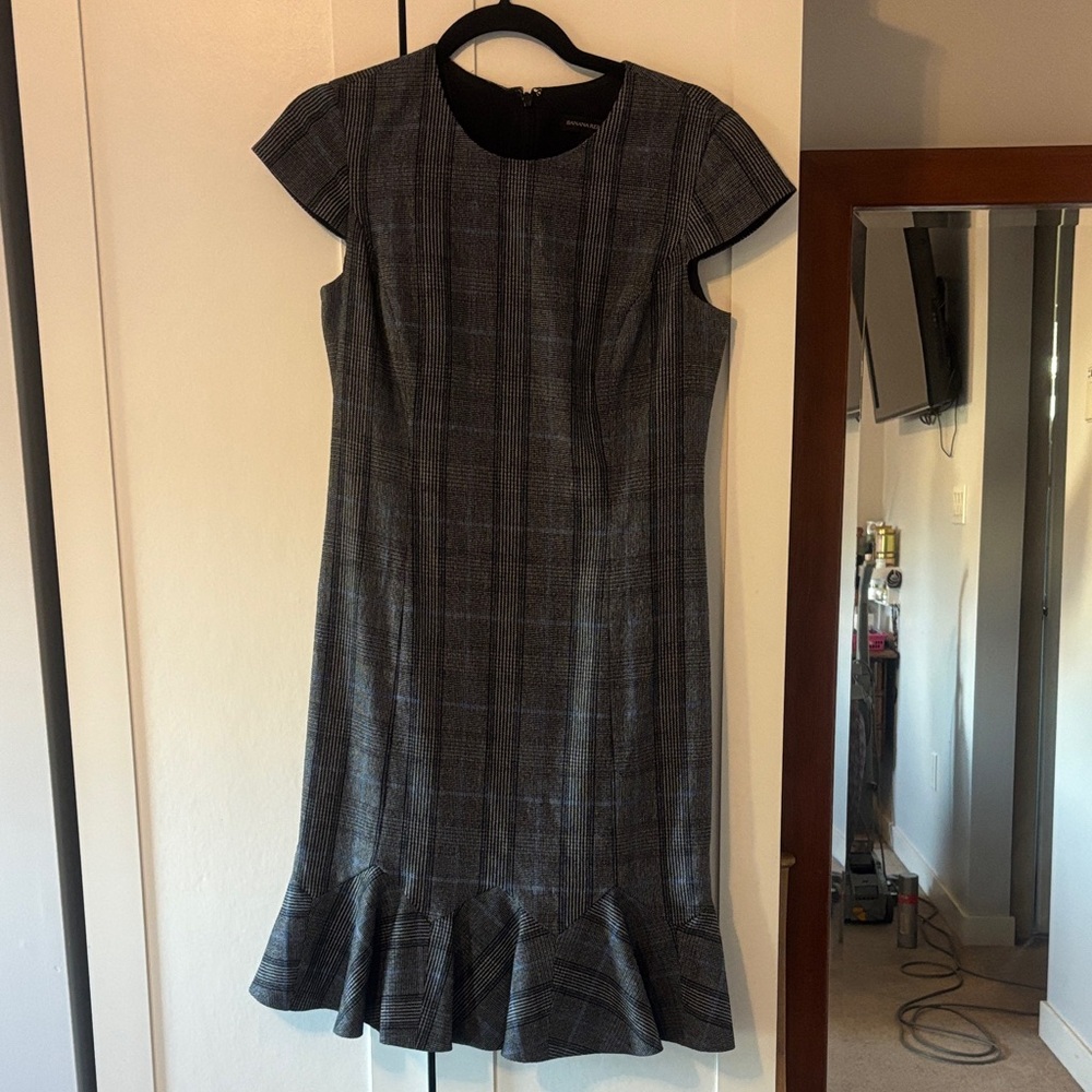 Banana Republic Gray Plaid Midi Dress with Flounce Hem